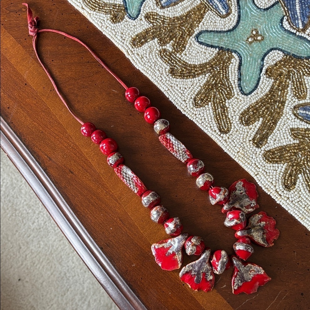 Vintage Red & Silver Tone Beaded Long Necklace Leather Cord Abstract Ceramic - Picture 7 of 15